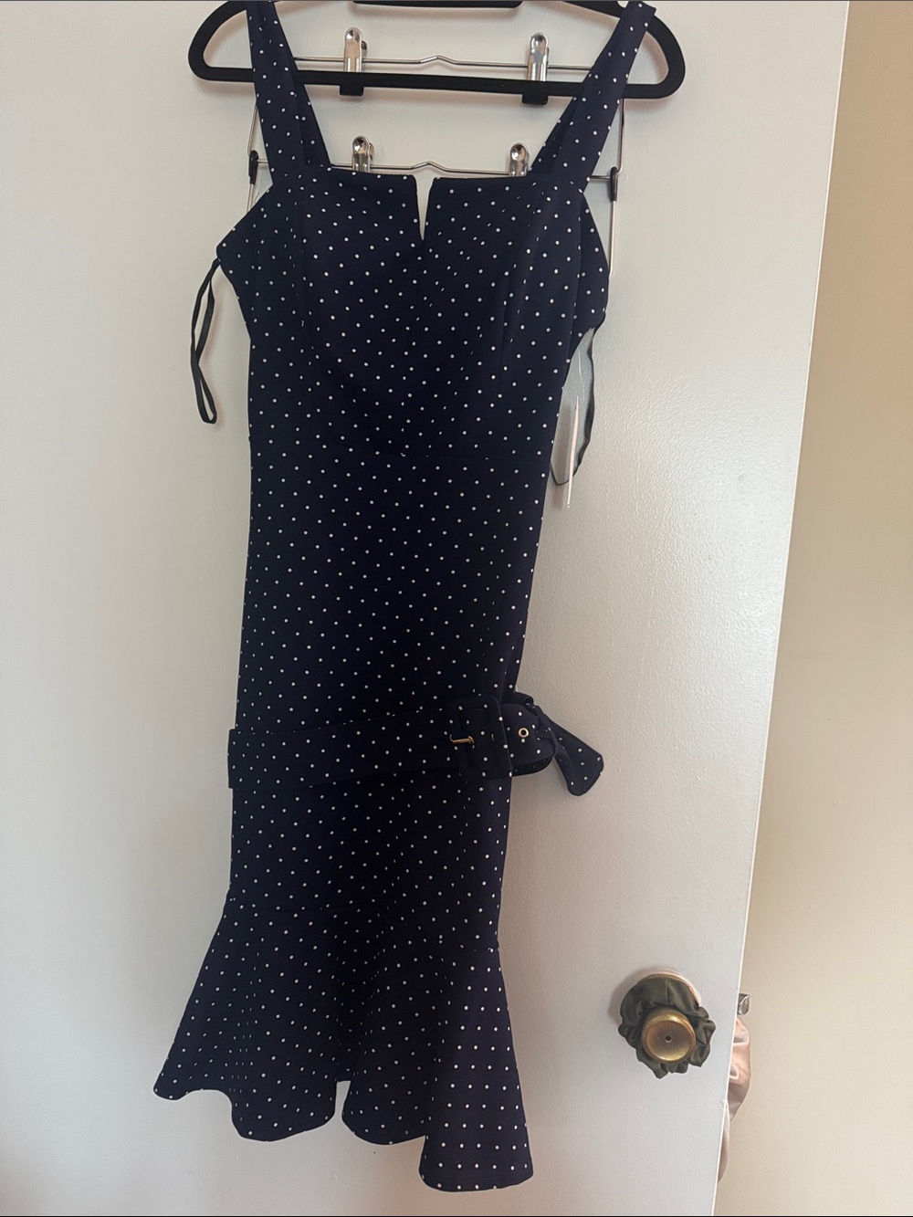 Navy polka dot fishtail dress